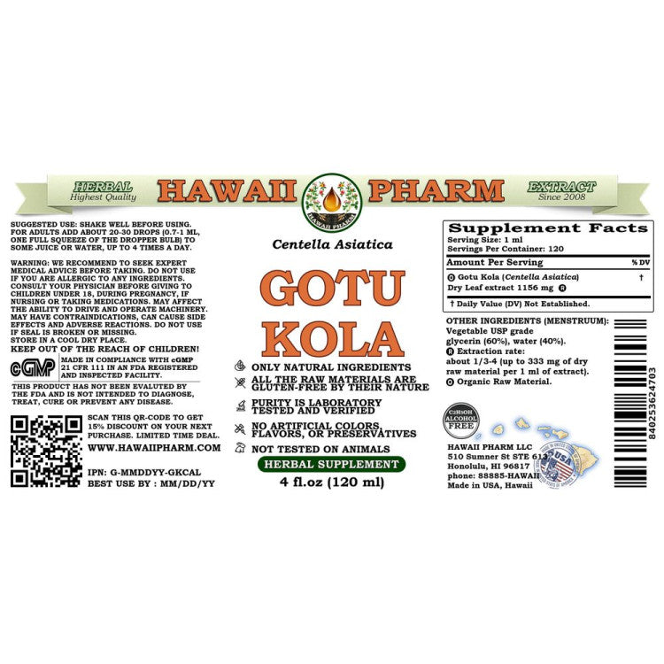 Gotu Kola Alcohol-FREE Liquid Extract, Organic Gotu Kola (Centella Asiatica) Dried Leaf Glycerite