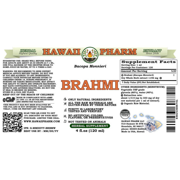 Brahmi Alcohol-FREE Liquid Extract, Organic Brahmi Liquid (Bacopa Monnieri) Whole Herb Dried Glycerite